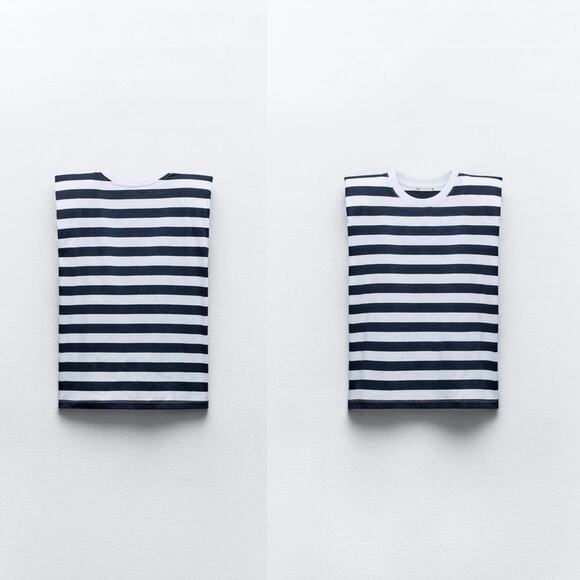 Zara Cotton Striped Shoulder Pad Top T-Shirt - Picture 3 of 8